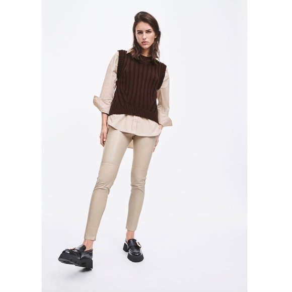 Zara High Rise Beige Faux Leather Leggings - Picture 1 of 6
